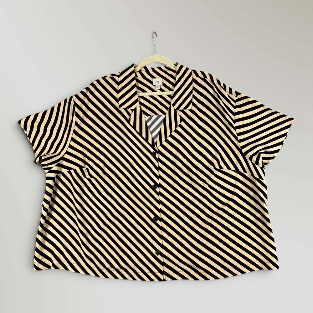 A New Day Women’s Black Tan Striped Button-Up Shirt Short Sleeve Office Size 3X